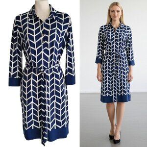 Donna Morgan Career Dress Blue & White Abstract Print with Self Tie Size 4